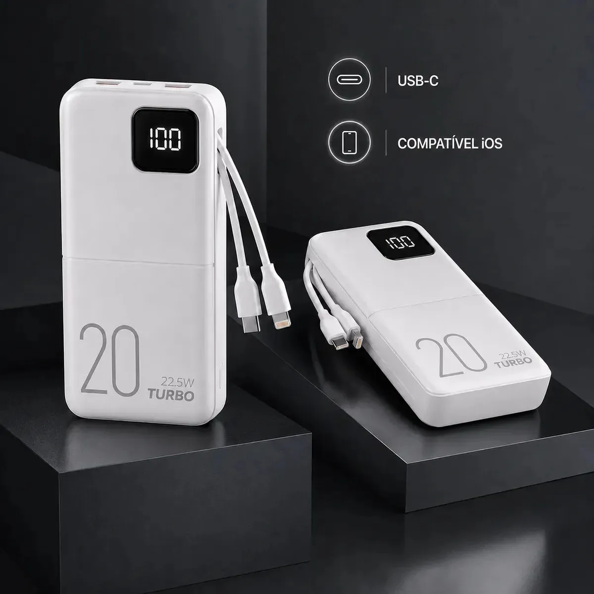 Power Bank Brasiliana Tech 20000mAh para Celular com 2 Cabos Embutidos de Carga Rápida