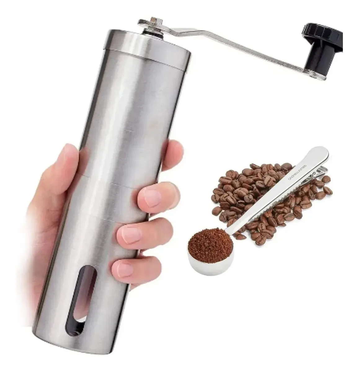 Moedor De Café Grãos Manual Portátil Em Inox Moinho Cerâmica Cinza