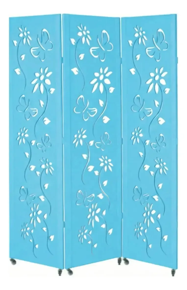 3 Biombo Divisor Ambiente Pintado Branco Preto Rodinha Nc Cor Azul-claro. Floral