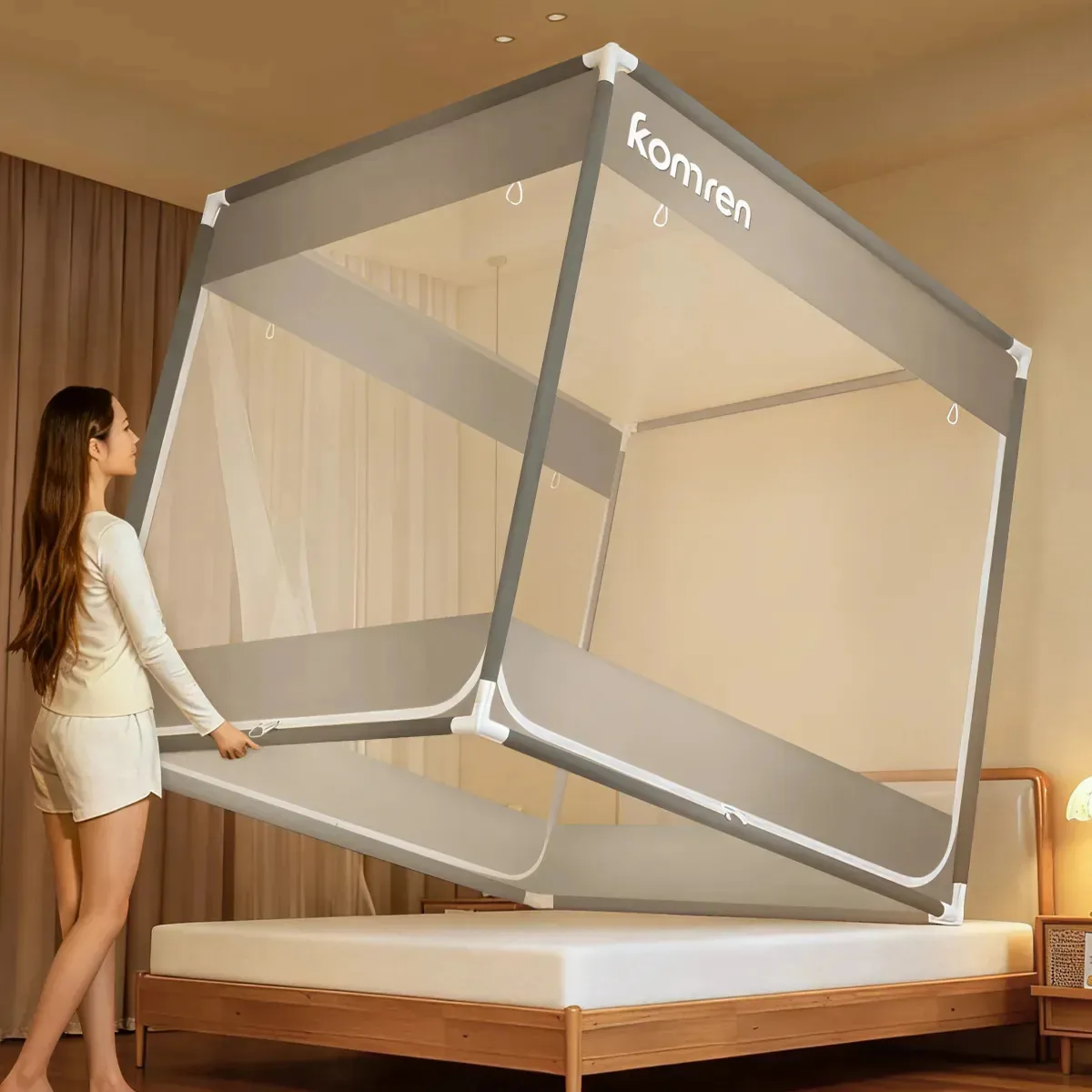 Mosquiteiro De Armacao Para Cama Casal 1.5*2.0m Cinza Antimosquito Respirável Não É Fácil Quebrar Suporte Robusto |ohté