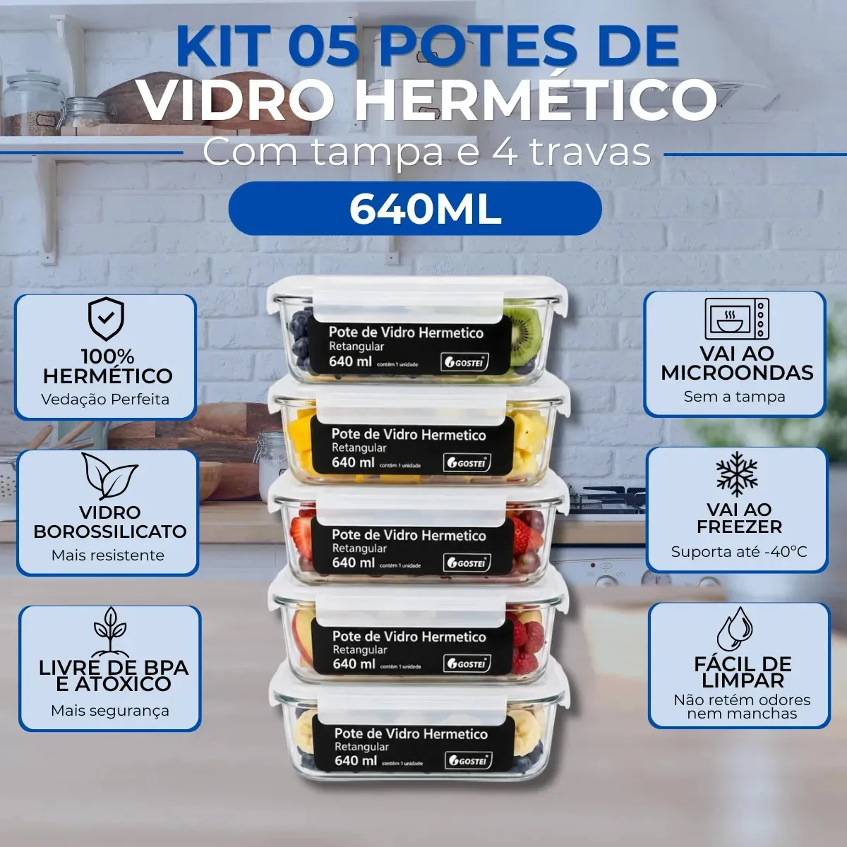 Kit 5 Potes Herméticos de Vidro 640ml com Tampa e Travas para Mantimentos Gostei