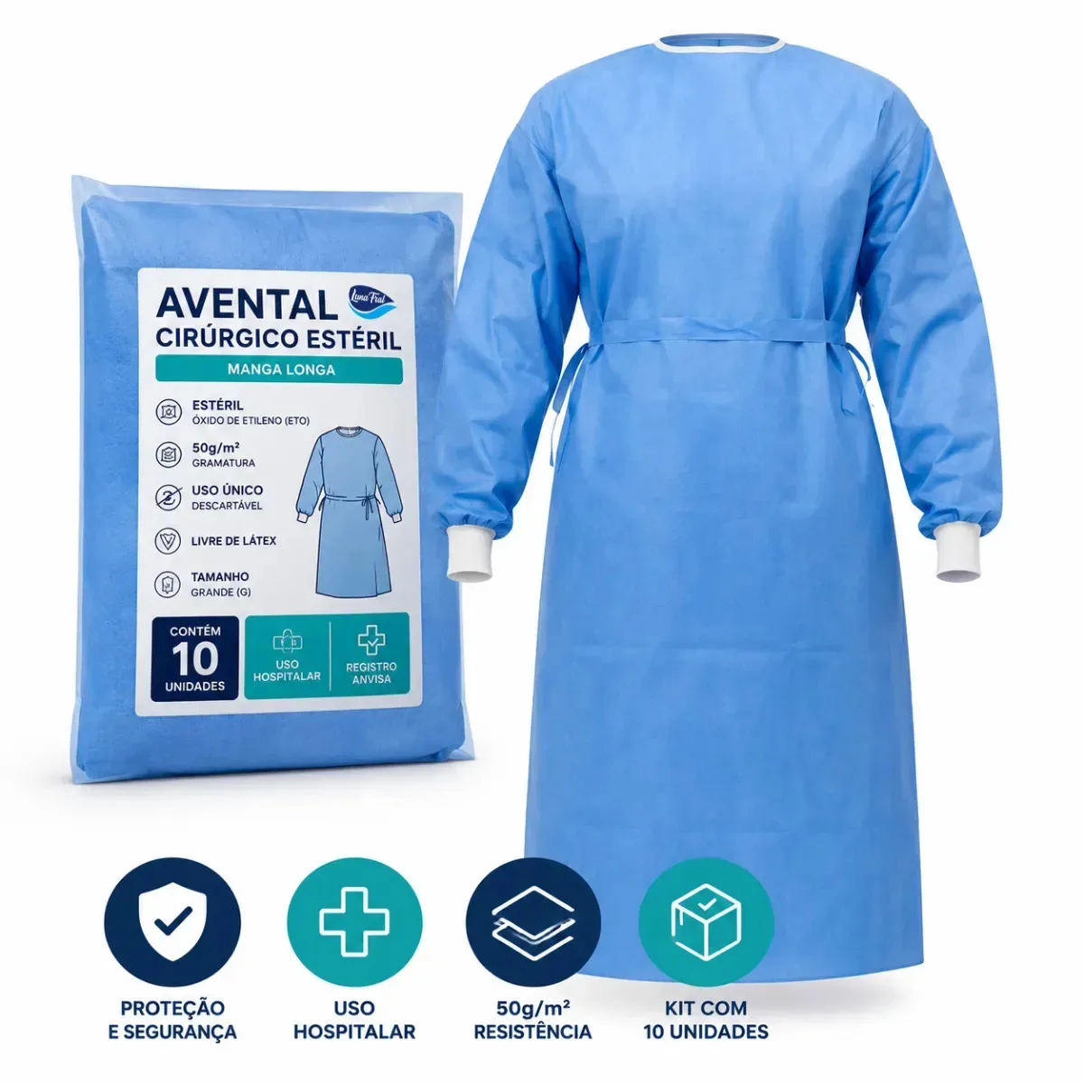 Kit 10 Aventais Cirúrgicos Estéreis Descartáveis Manga Longa Azul Tamanho G Uso Hospitalar Odontológico Clínico Laboratorial Esterilizado ETO Registro ANVISA Lunafral