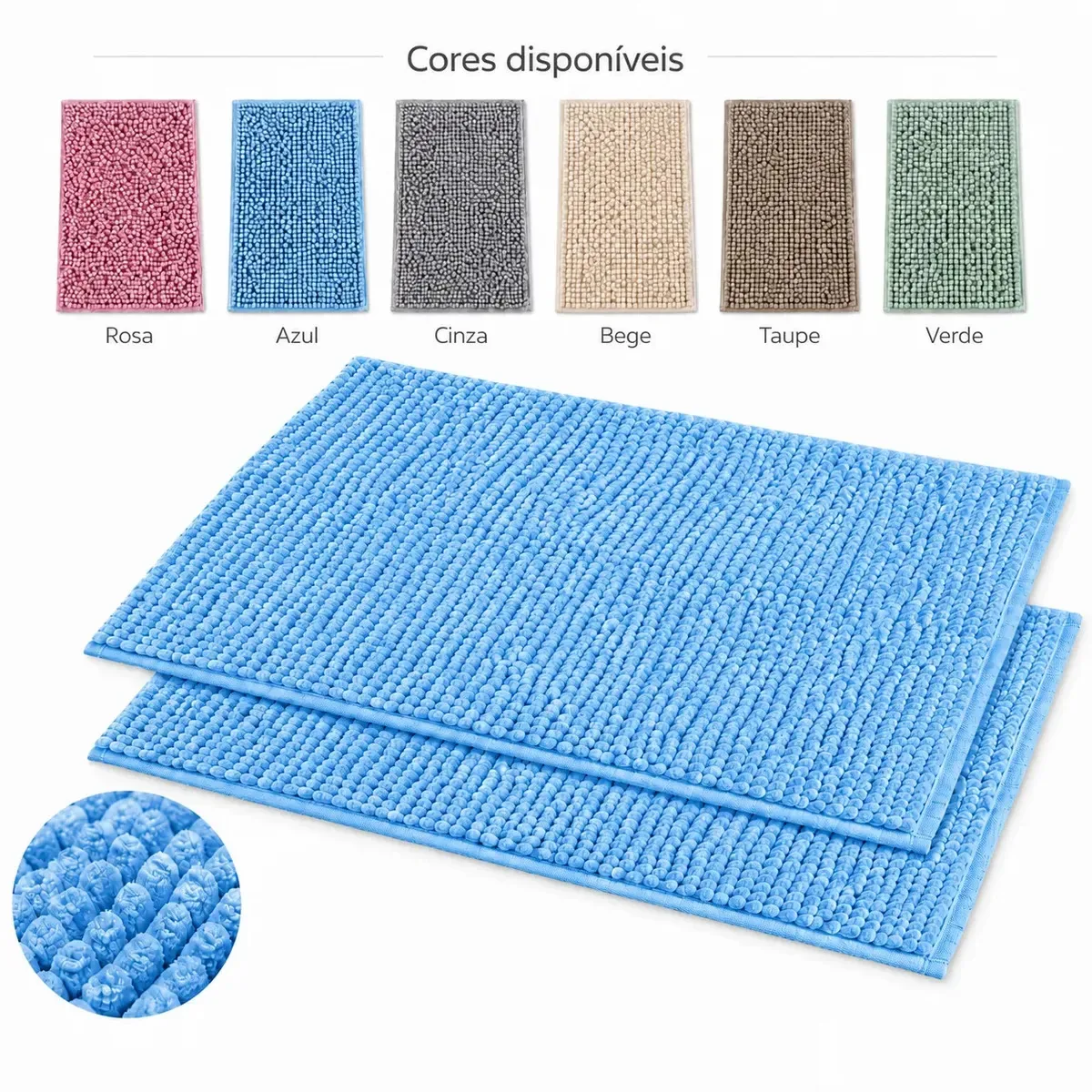 Kit 2 Tapetes para Banheiro Microfibra 38x58cm Antiderrapante Absorvente Macio Lavável em Máquina Bolinha Dedinho Chenille Seca os Pés Cor Azul