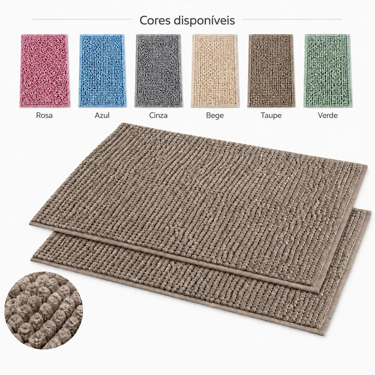 Kit 2 Tapetes para Banheiro Microfibra 38x58cm Antiderrapante Absorvente Macio Lavável em Máquina Bolinha Dedinho Chenille Seca os Pés Cor Taupe