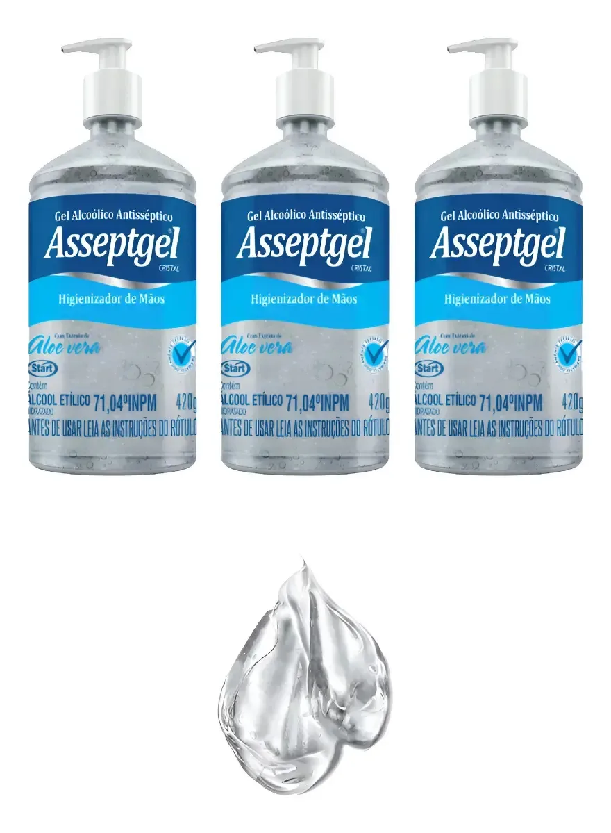 Álcool Em Gel Antisséptico 420gr Asseptgel Kit 3 Lavanda
