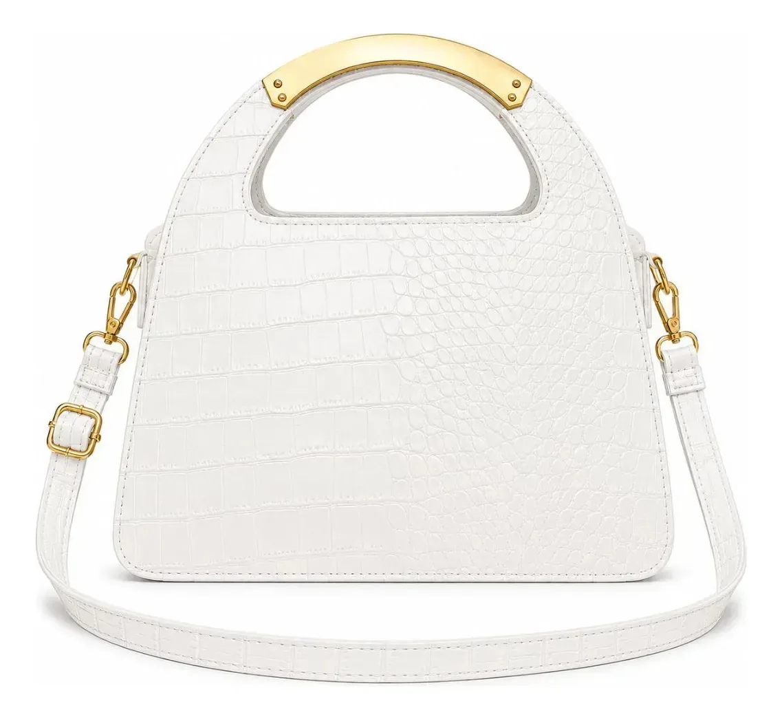 Bolsa Feminina Moderna Estruturada Com Ferragens Douradas Branco Ouro