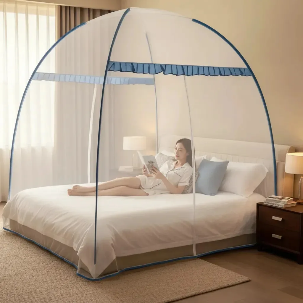 Mosquiteiro Dobrável Cama Casal Portátil 1.5*2.0m |Ohté Azul Não Requer Instalação Respirável Com Zíper