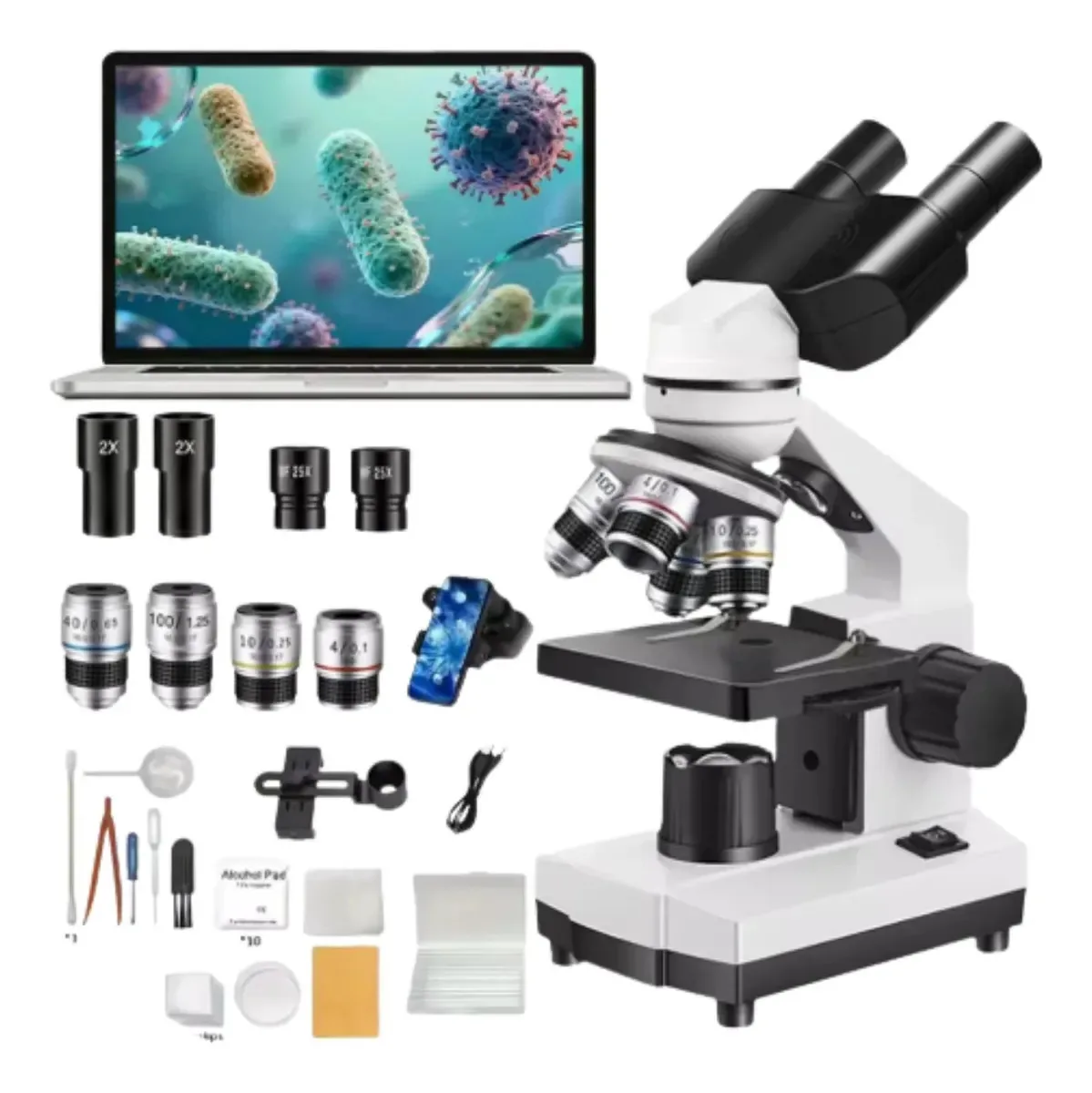 Microscópio Binocular Biológico 2500x Estudantil + Branco