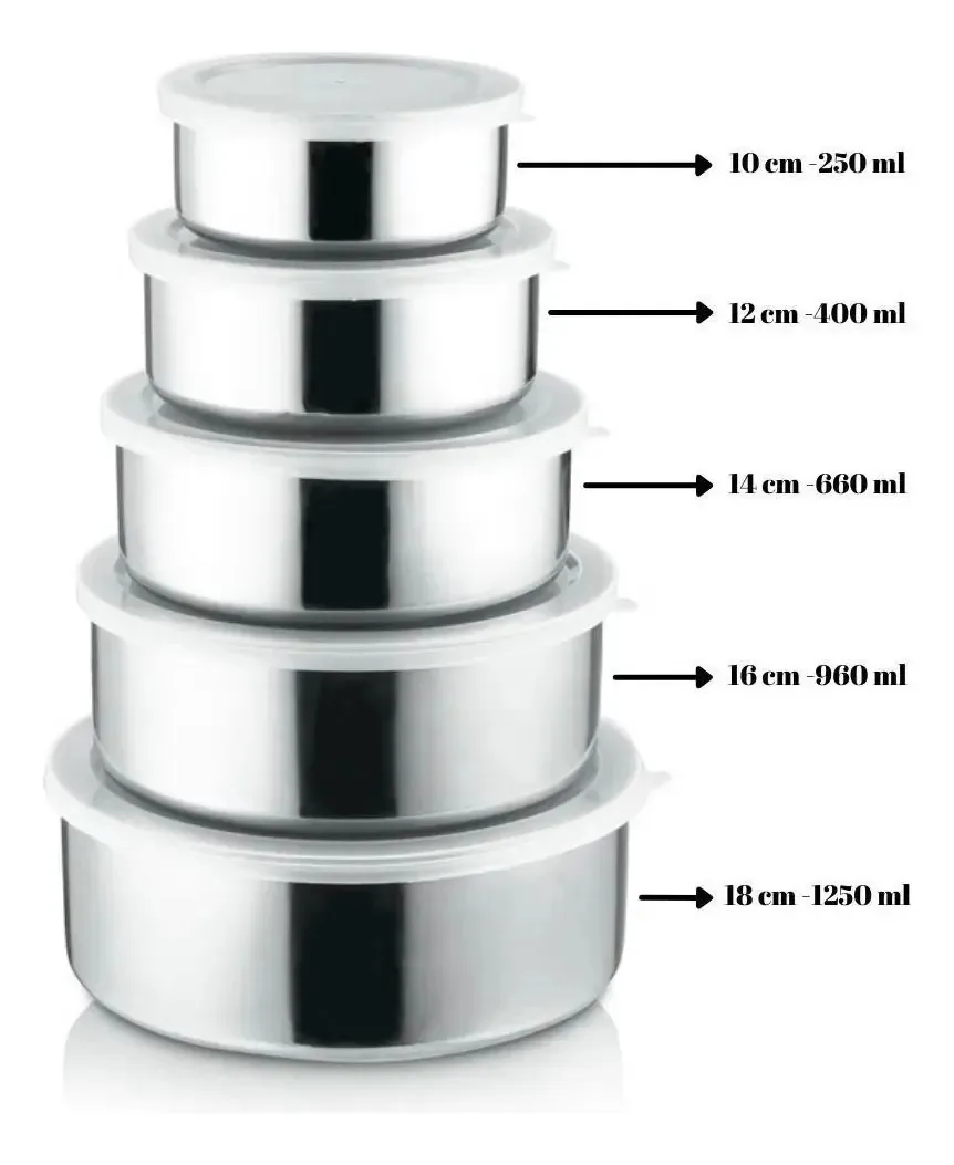 Conjunto 5 Potes Tigelas Inox Com Tampa Resistente
