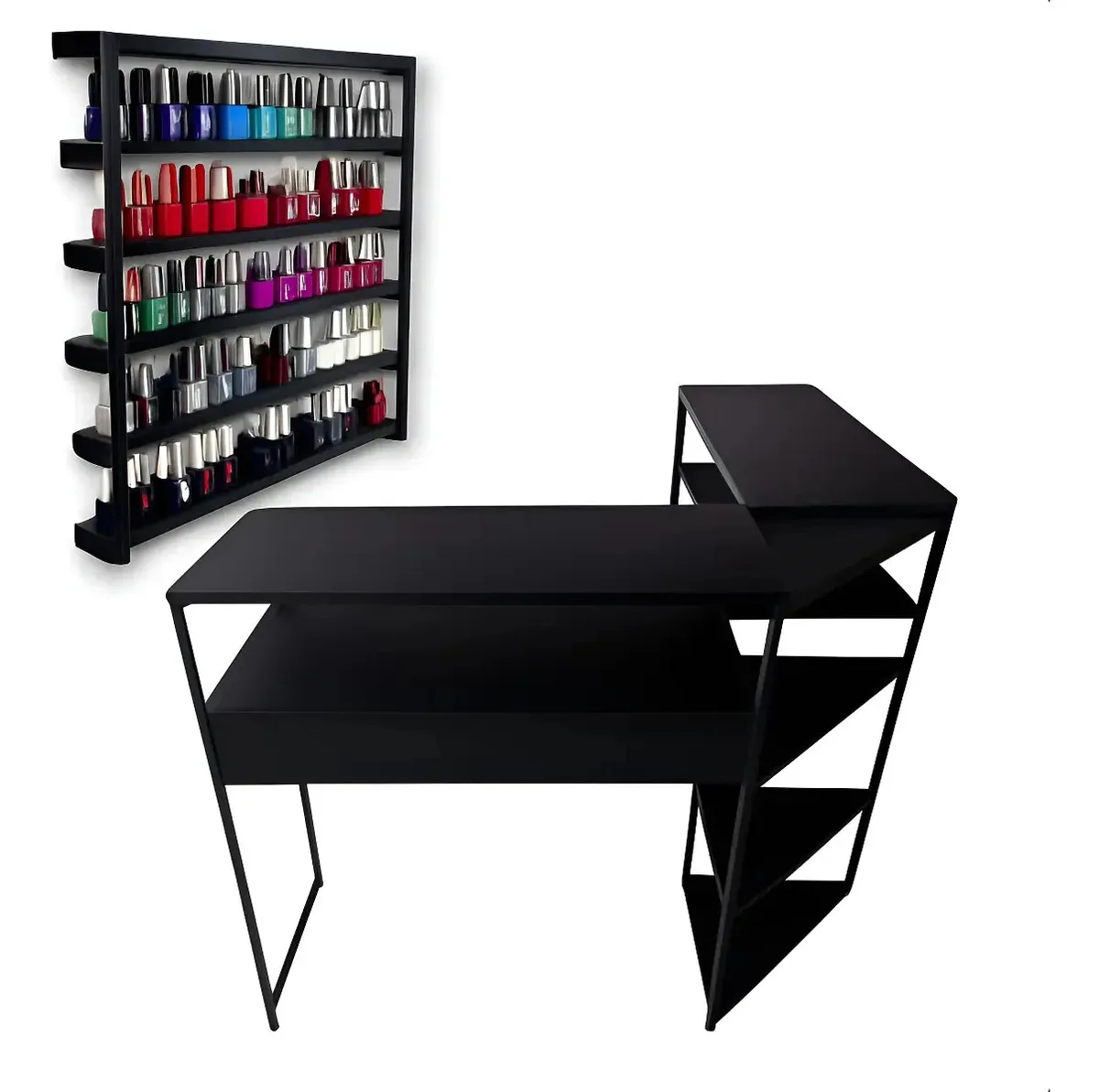 Mesa Profissional P/ Manicure Em L Preta Estante Expositora Cor FERRO PRETO