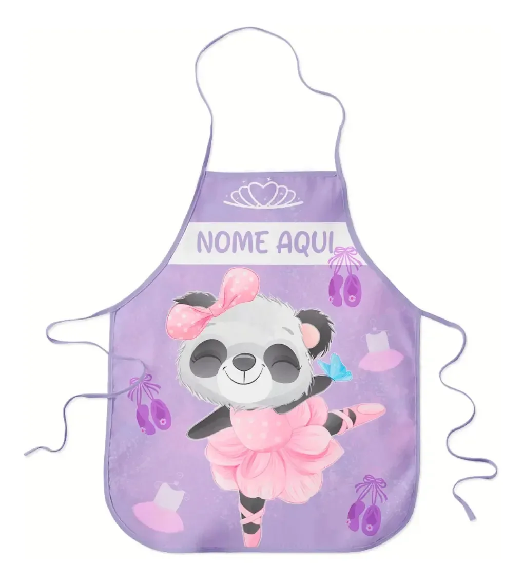 Avental Infantil Escolar Plastificado Personalizado Com Nome Desenho Do Tecido Panda Bailarina