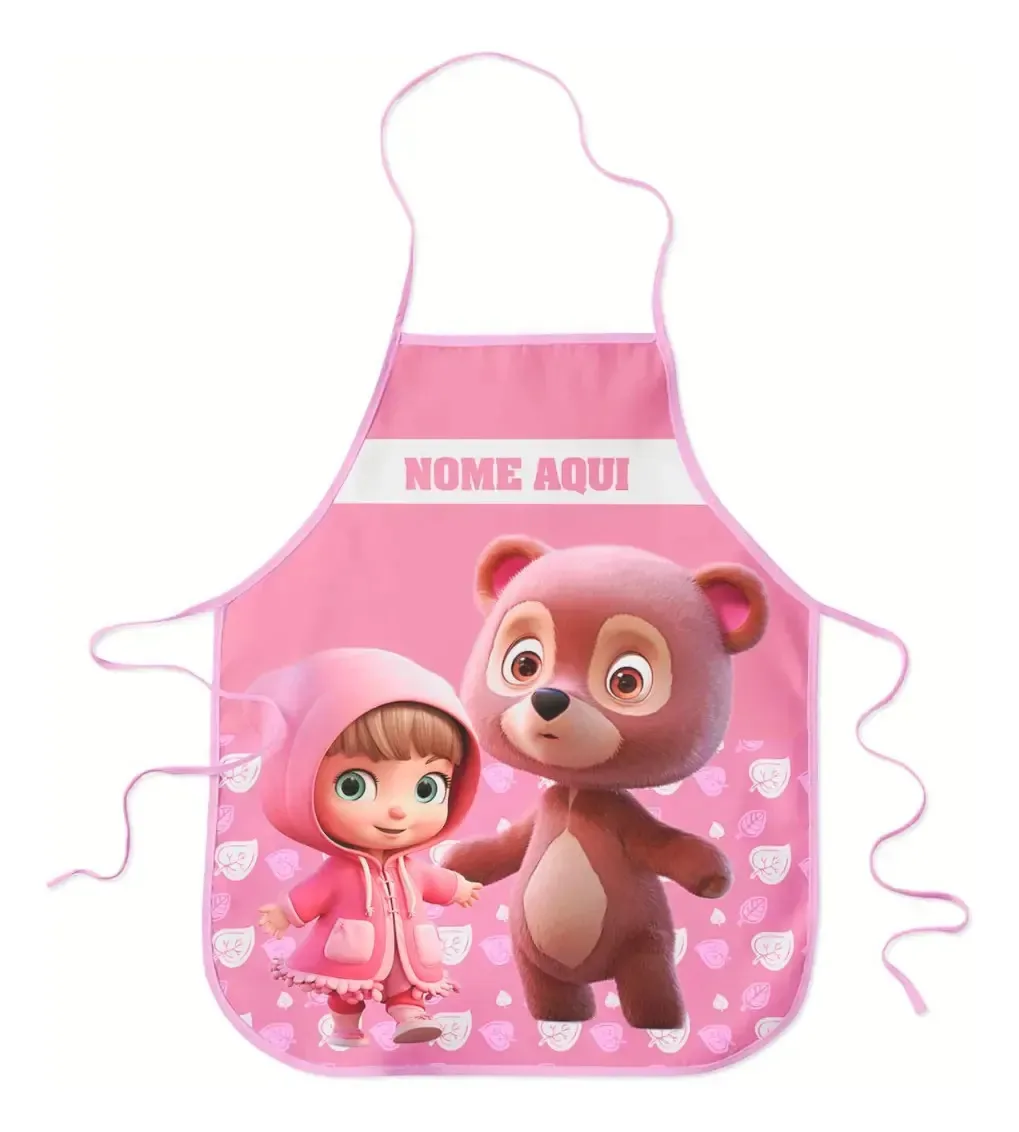 Avental Infantil Escolar Plastificado Personalizado Com Nome Desenho Do Tecido Menina E O Urso