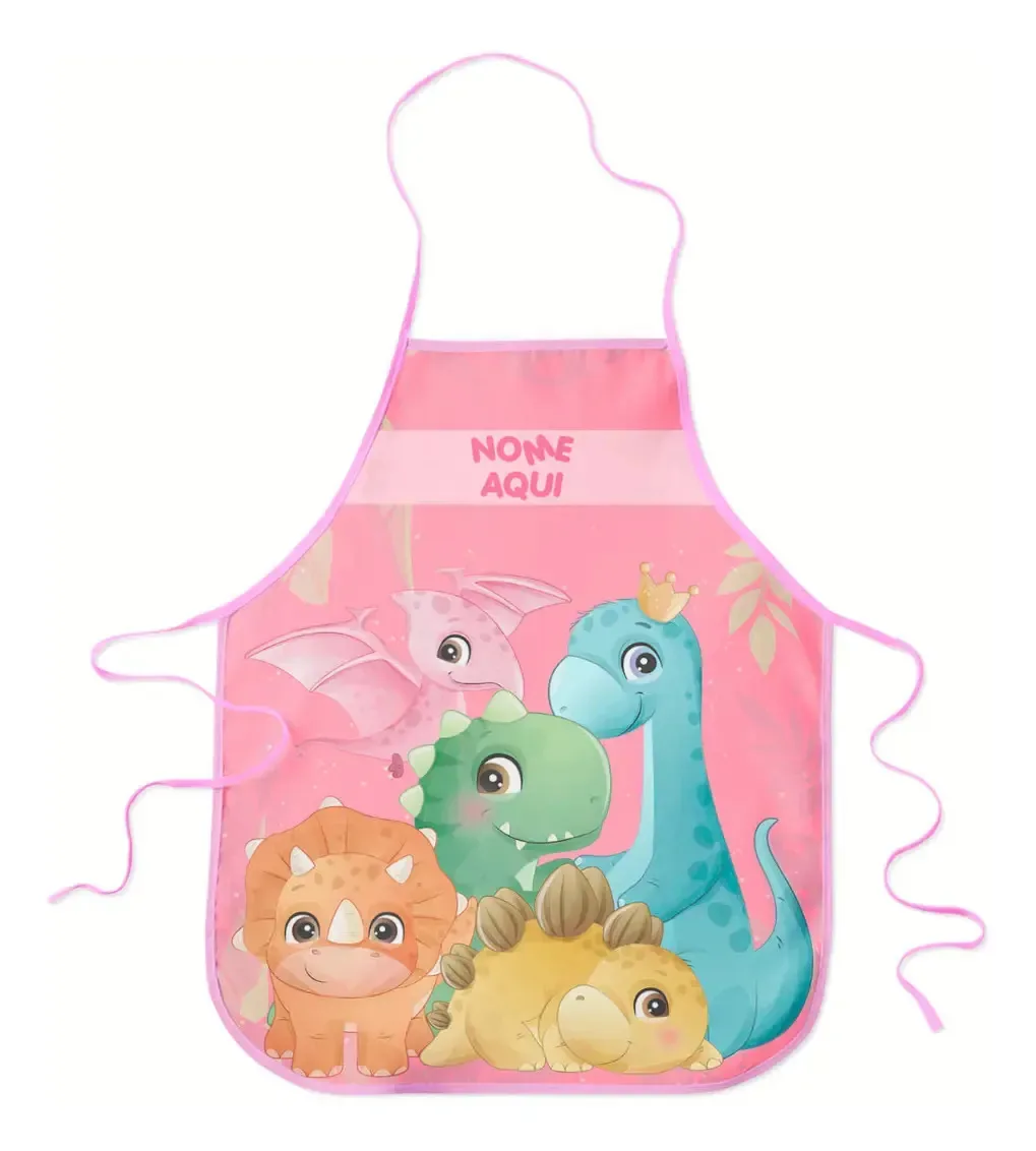 Avental Infantil Escolar Plastificado Personalizado Com Nome Desenho do tecido DINO CUT ROSA