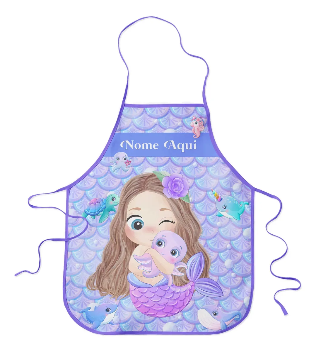 Avental Infantil Escolar Plastificado Personalizado Com Nome Desenho Do Tecido Sereia Morena