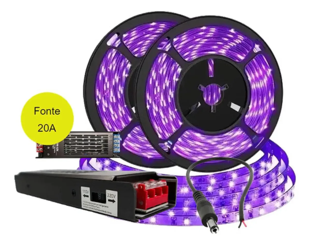 02 Fita Led 5050 Ip20 Uv Luz Negra Serigrafia Fonte 30a + P4 Ultravioleta 12v