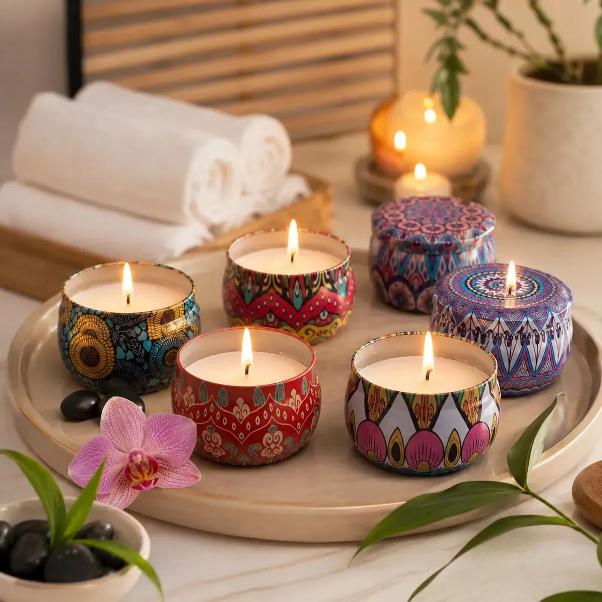 Kit com 6 Velas Aromáticas Mandala em Lata Para Ambientes Relaxantes