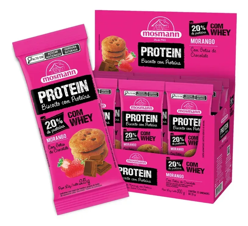 Biscoito Com Whey Sabor Morango E Gotas Chocolate 12 Un 25g