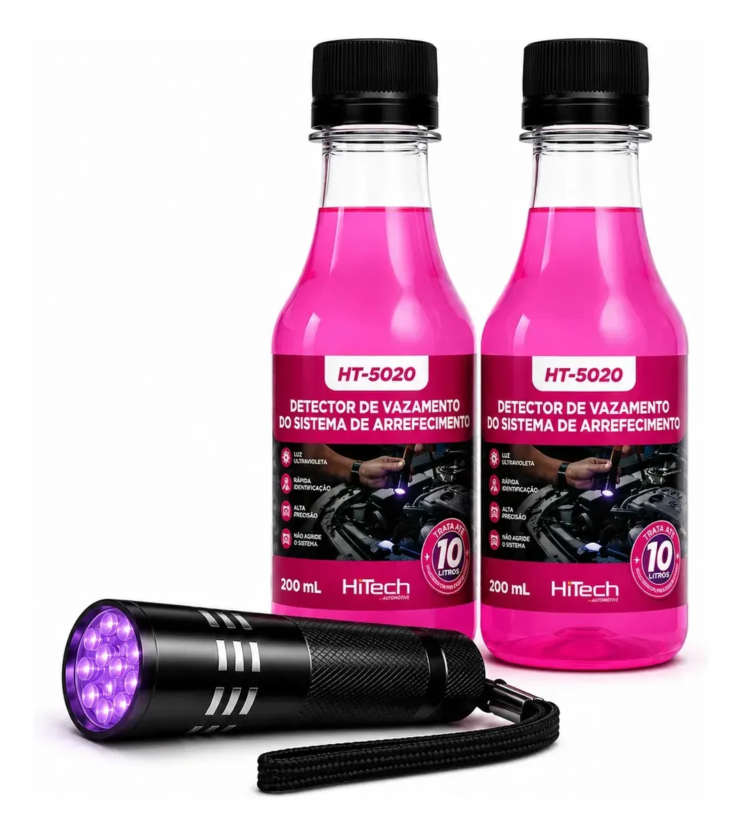 Kit Detector Vazamento Radiador Hitech 2x200ml Lanterna Uv Rosa 0