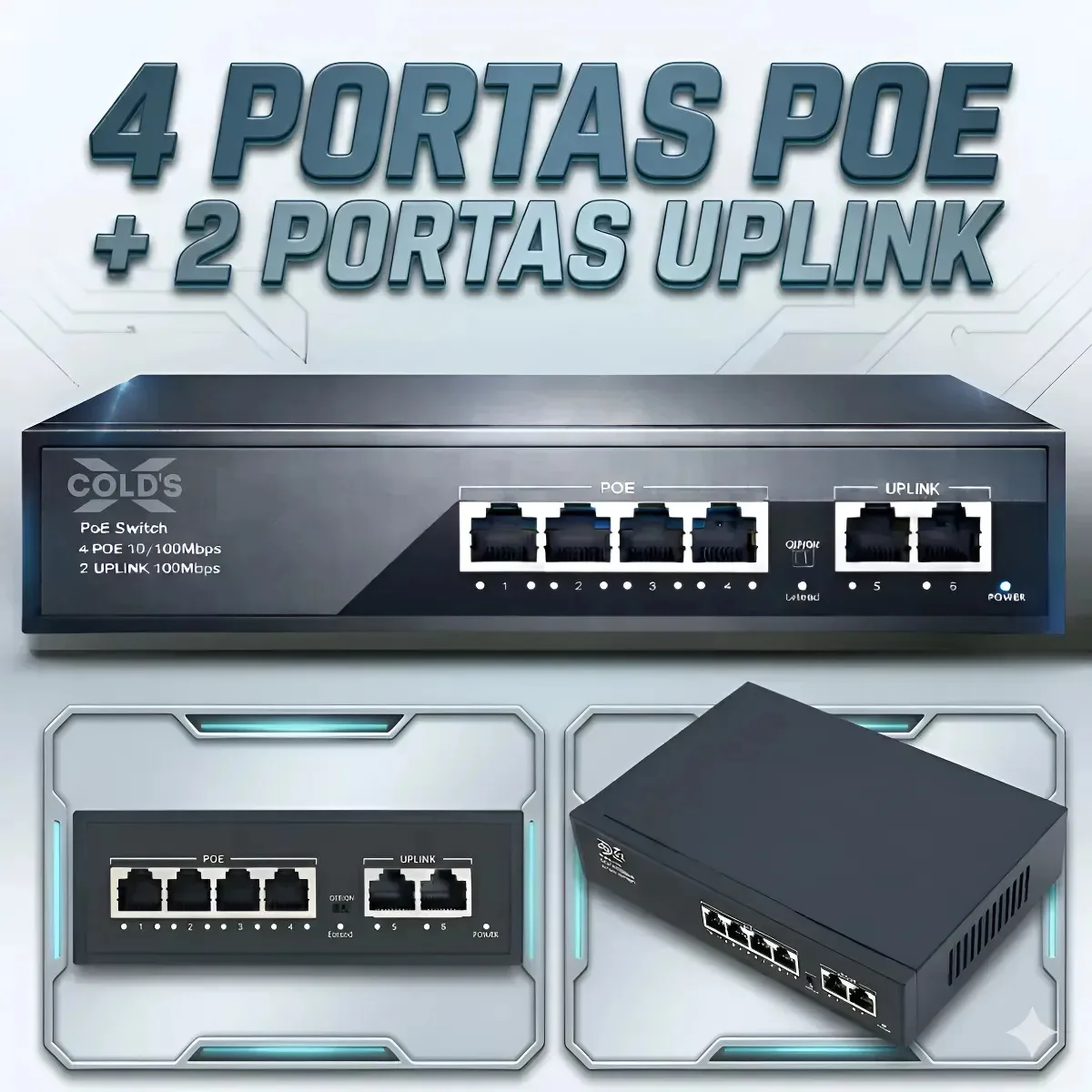 Switch Poe 4 Portas Poe Ativo + 2 Uplink Fast 10/100 Mbps Profissional Xcolds