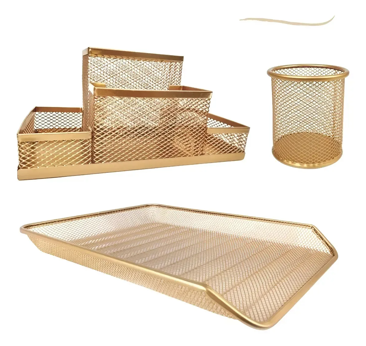 Kit Escritório Porta Caneta Organizador Mesa Bandeja Dourado