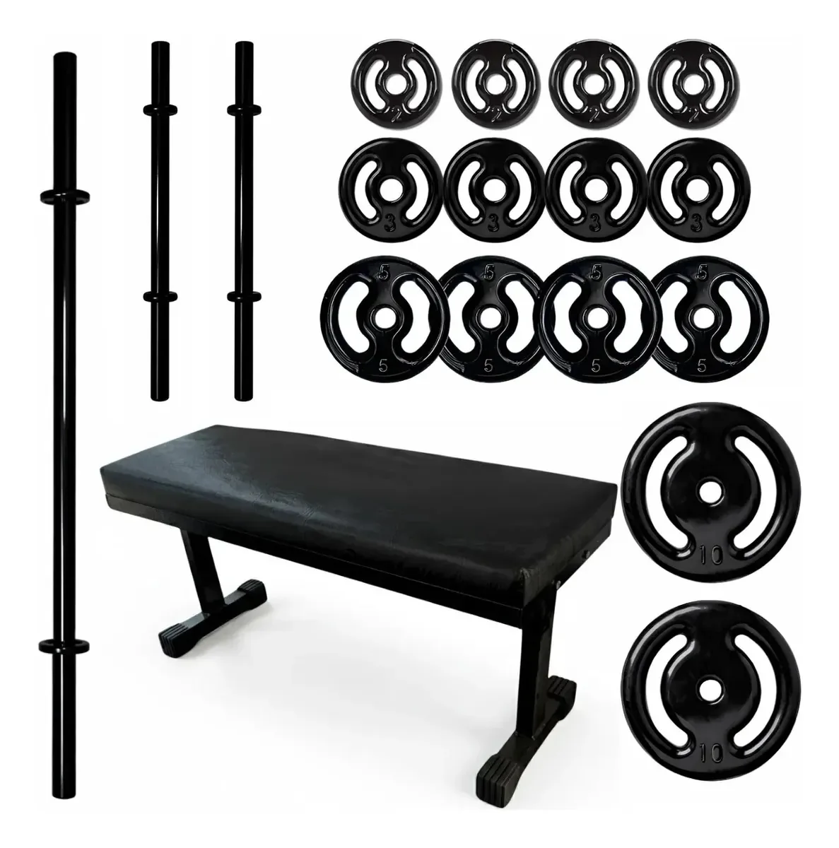 Kit Musculação FERDUOR Completo 60kg com Banco, 2 Barras de 45cm e Barra de 1,2m para Treino Fitness