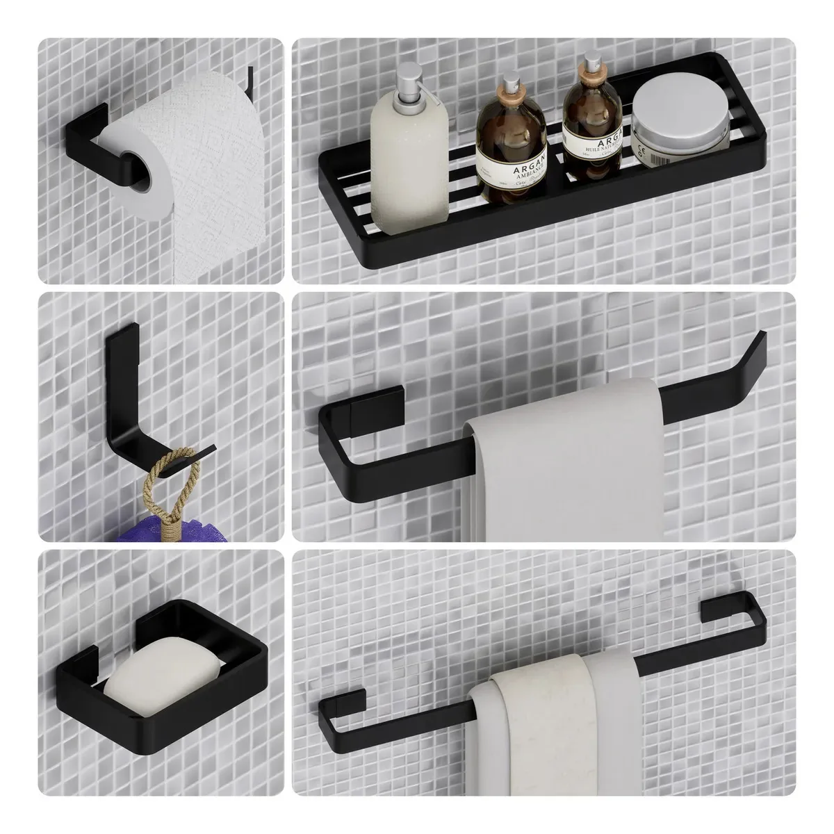 Kit Acessórios Para Banheiro Preto Fosco 6 Peças Preto
