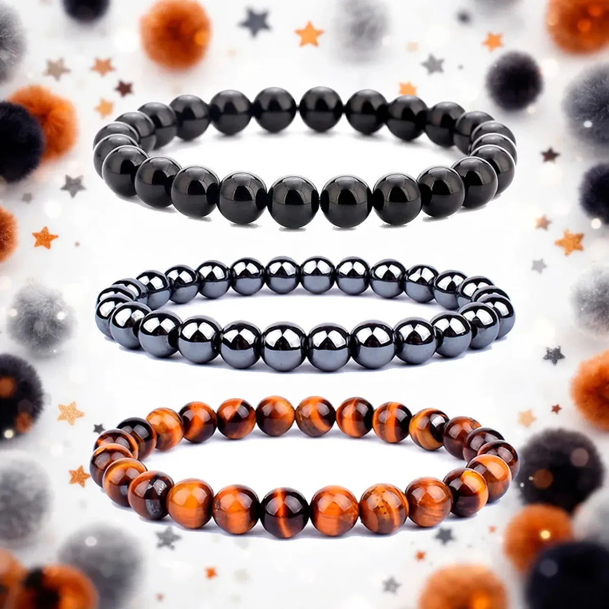 Kit de 3 Pulseiras de Pedras Naturais Ruvio – Hematita, Olho de Tigre e Ônix Para Proteção