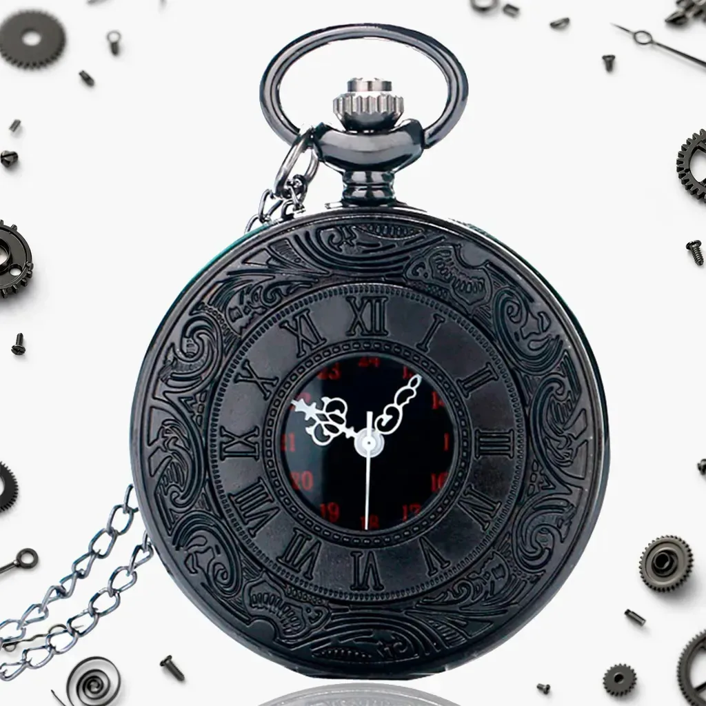 Relógio de Bolso Steampunk Preto Vintage, com Corrente, da Ruvio