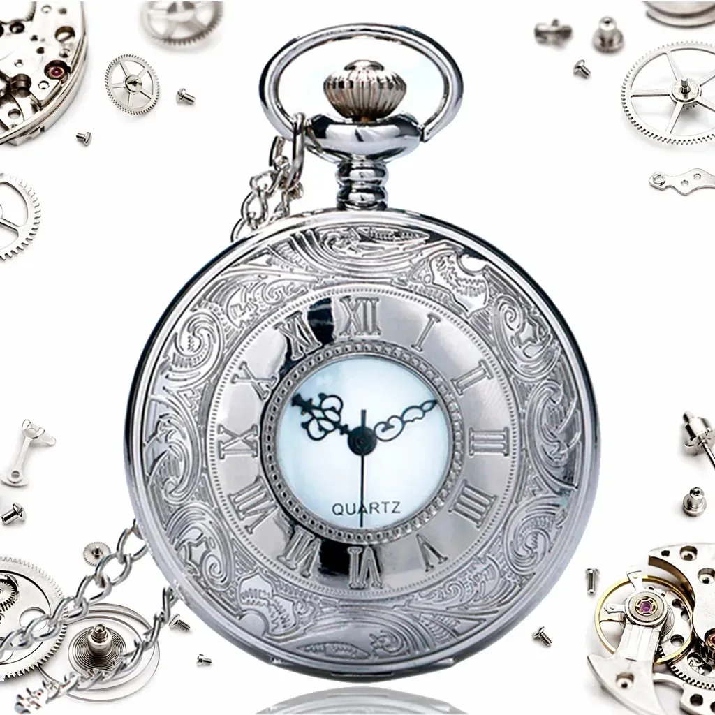 Relógio de Bolso Steampunk Prata com Corrente e Estilo Retrô Ruvio