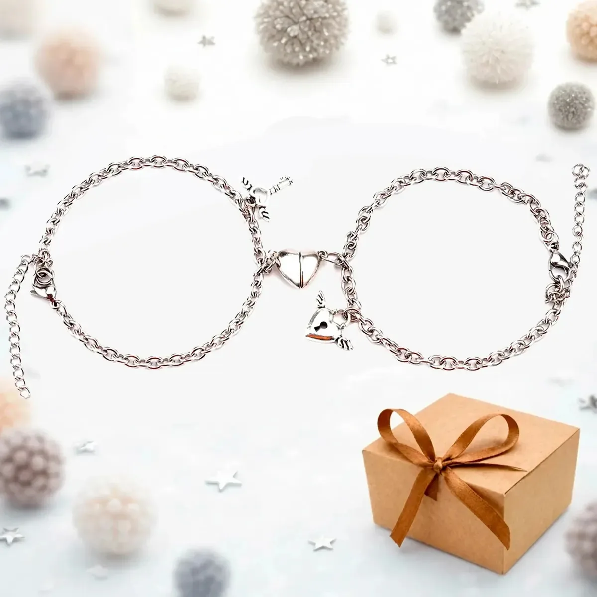 Pulseira Magnética Coração e Chave, para Casal, Com Embalagem Presente