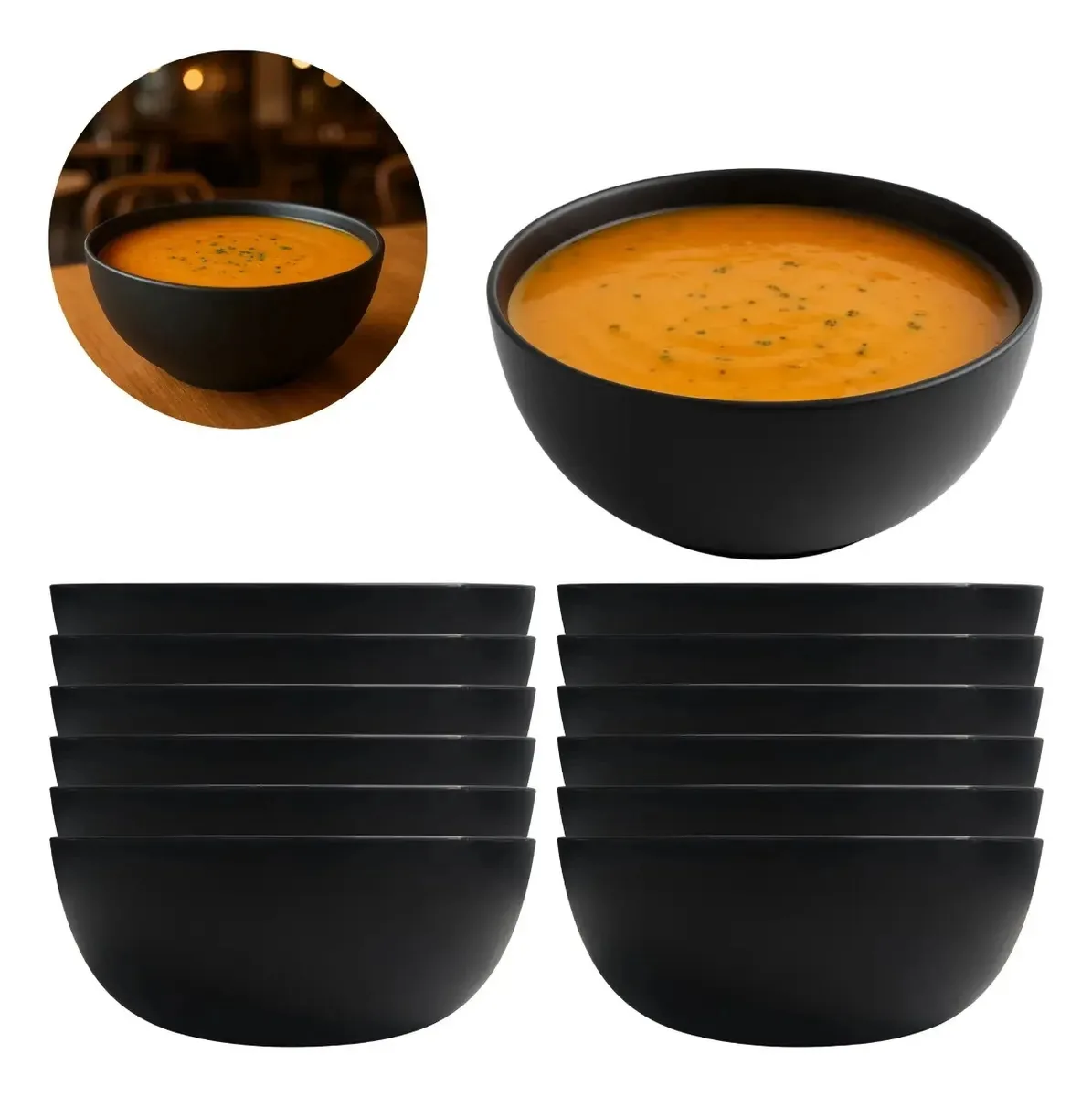 12 Tigelas Bowl 1100ml Preto Resistente Hotel Restaurante Preto