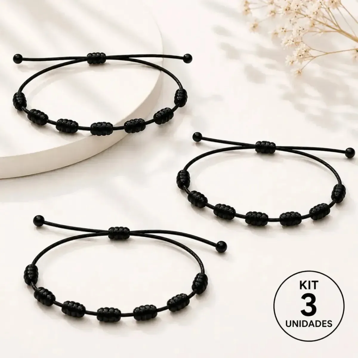 Kit 3 Pulseiras Pretas 7 Nós Kabbalah Proteção Amor Sorte Prosperidade E Abundancia - Fehu