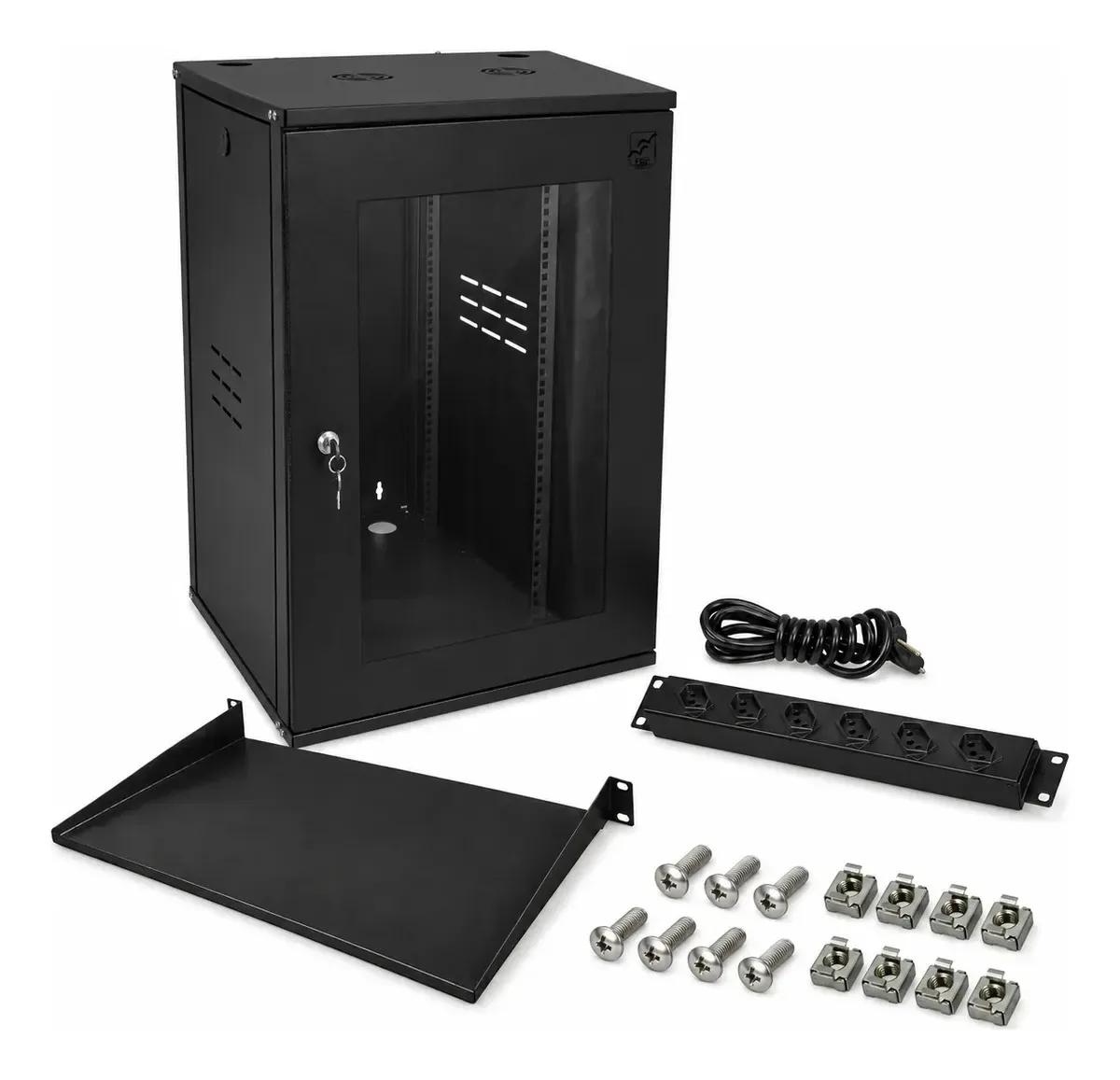 Kit Rack 16u Preto Bandeja 250mm Porca Gaiola Preto