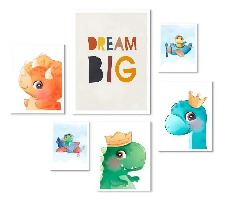 Composição 6 Quadros Quarto Infantil Dino Baby - Com Vidro