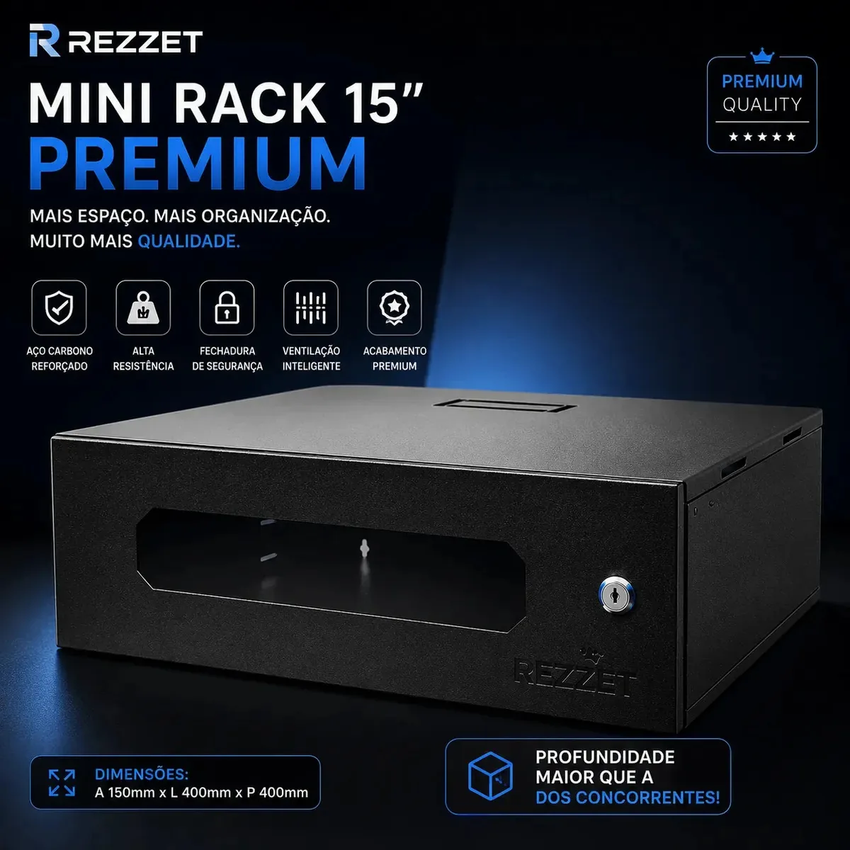 Mini Rack 15 Polegadas Rezzet 3U 400mm Parede DVR Switch Modem CFTV Rede