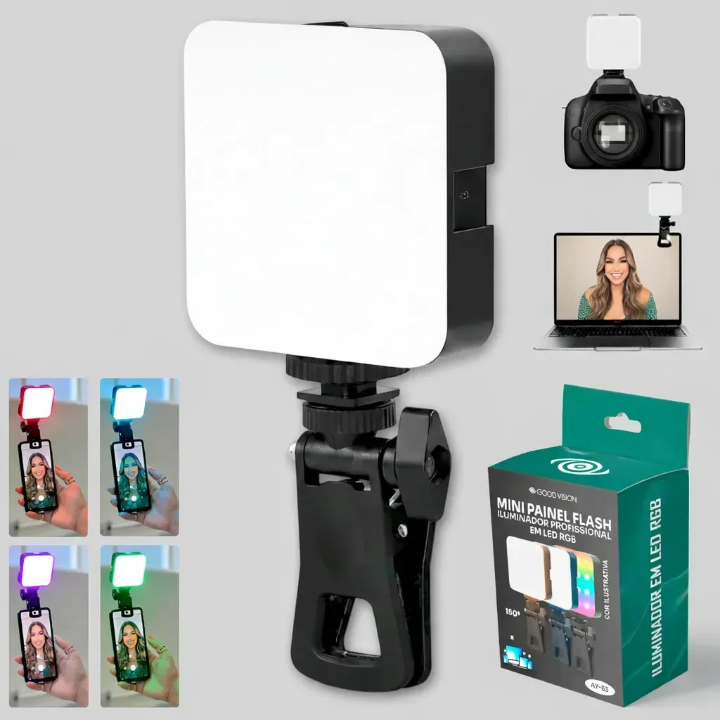 Mini Flash Iluminador De Selfie Profissional Fotográfico Multicolor E Rgb 60w Para Vídeos E Fotos Com Luz De Estúdio E Clip Portátil Perfeito Para Instagram Tiktok - Good Vision