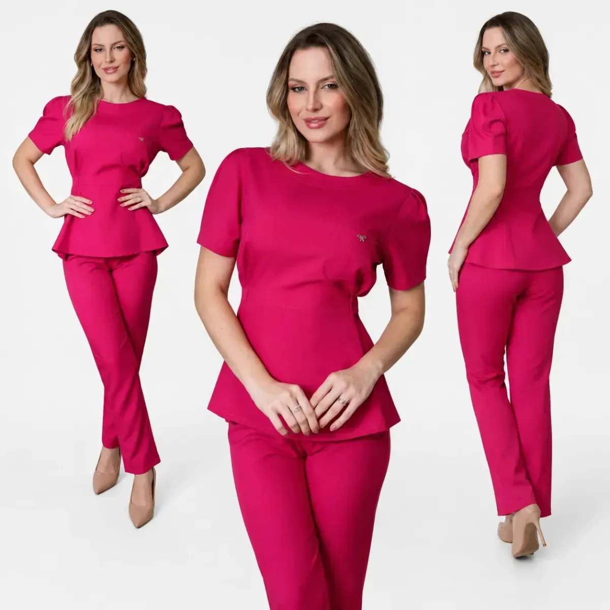 Conjunto Feminino Scrub Pijama Cirúrgico Manga Curta Acinturado Uniforme Estética Fisioterapia Enfermagem Hospitalar Orquídea Rosa Pink Tamanho P