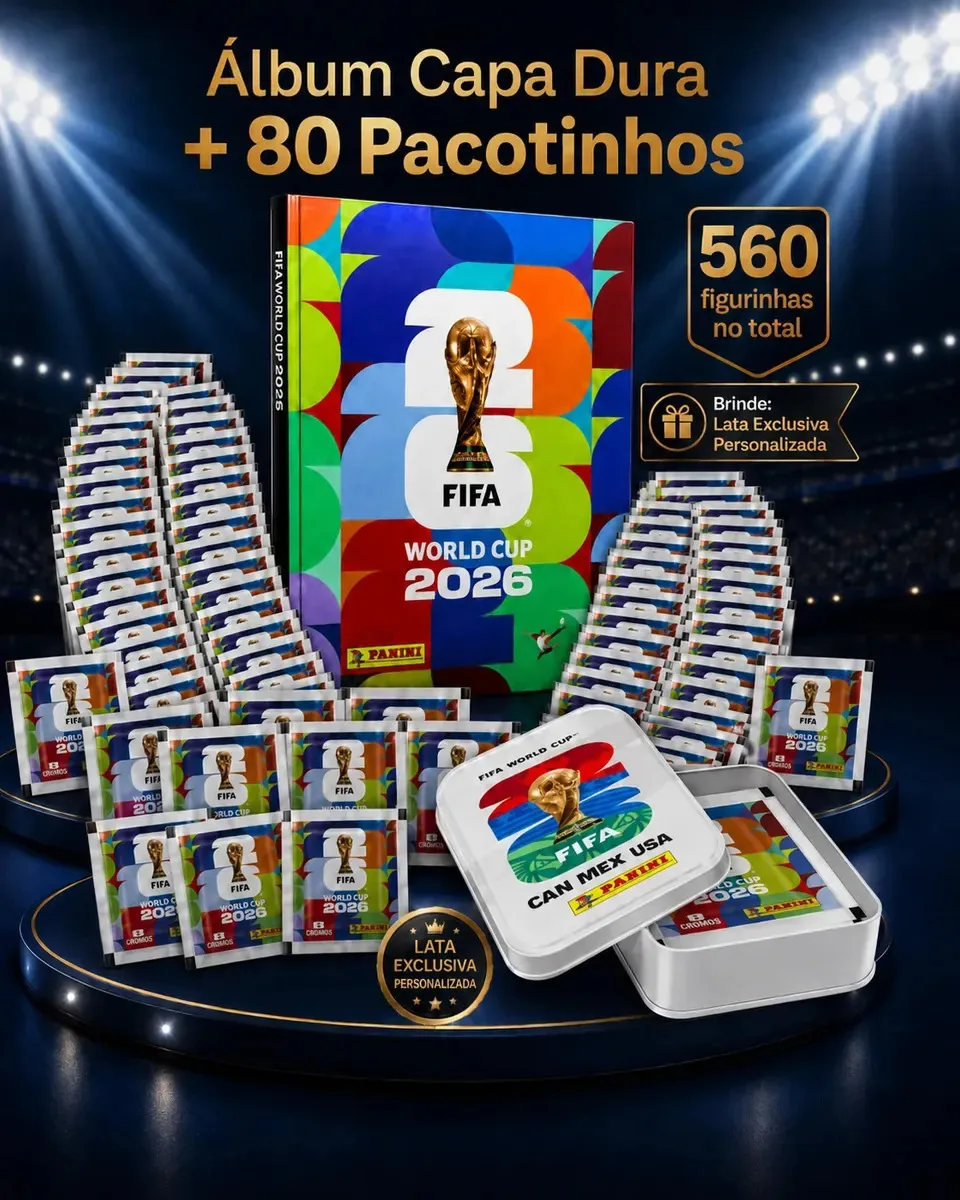 Kit Álbum Capa Dura Da Copa Do Mundo Fifa 2026 Com 560 Figurinhas + Brinde Lata Exclusiva Para Guardar As Figurinhas