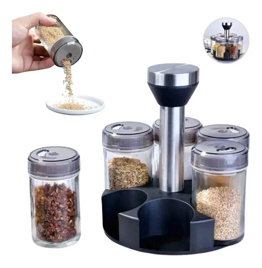 Porta Temperos Condimentos Giratório 6 Potes De Vidro Inox