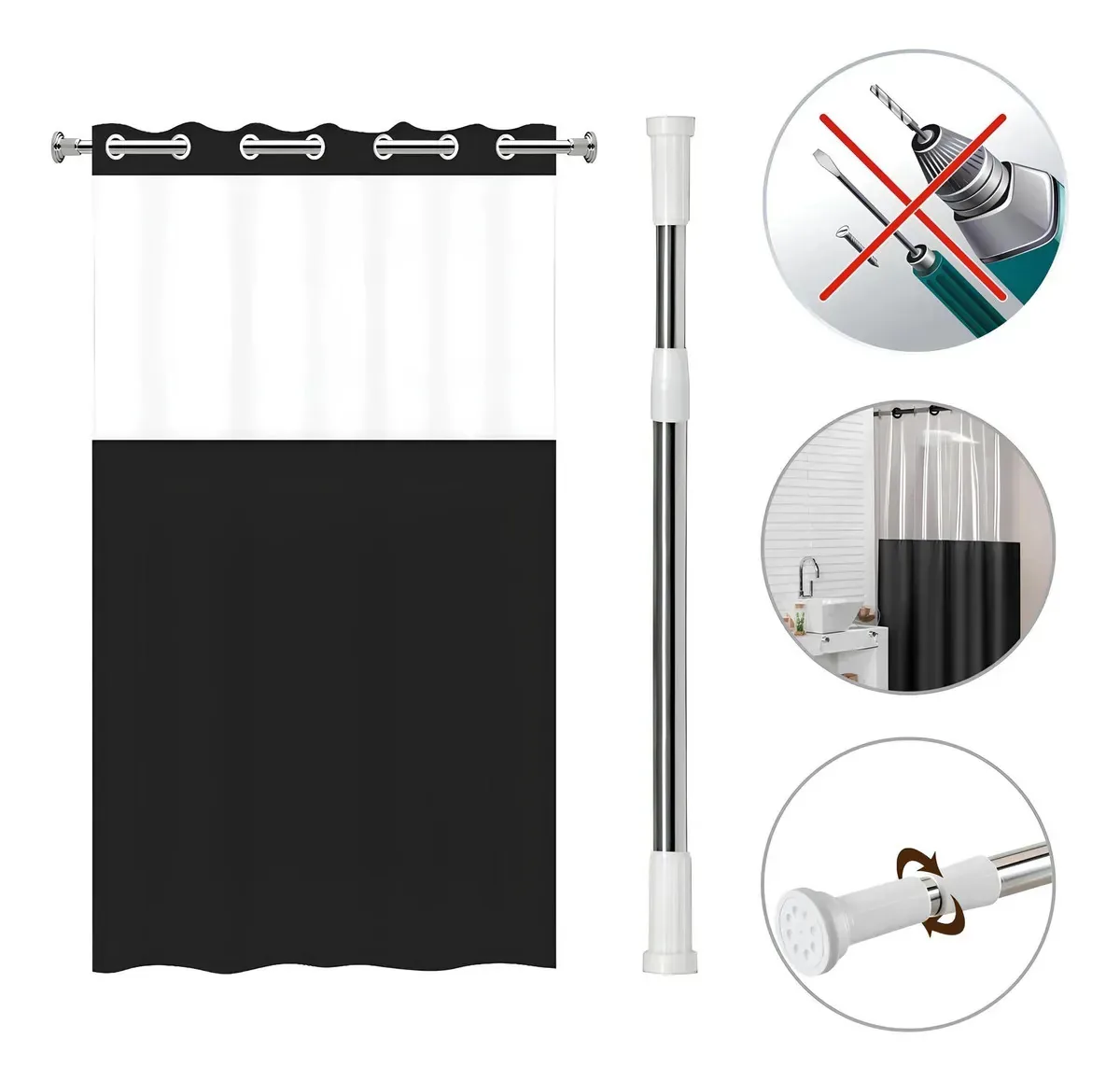 Cortina Box Banheiro Antimofo + Varão Extensível 1,10 A 2m Cortina Pra Banheiro Mariazinha