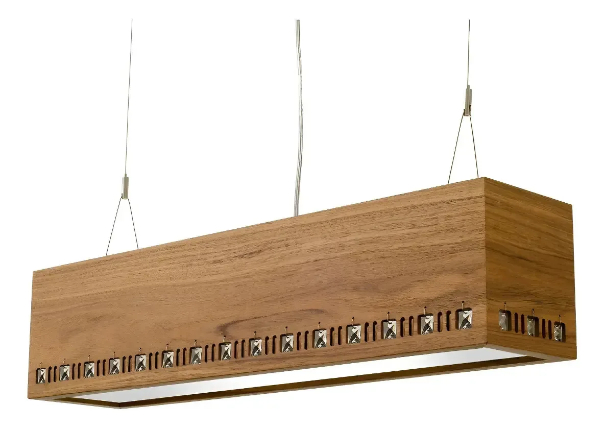 Lustre Pendente Retangular 70cm Madeira Cristal Adhara Madel