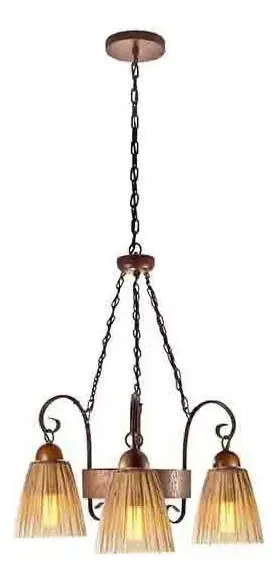 Lustre Vintange Florença Vidro Ambar Madeira Metal 3 Lâmpada