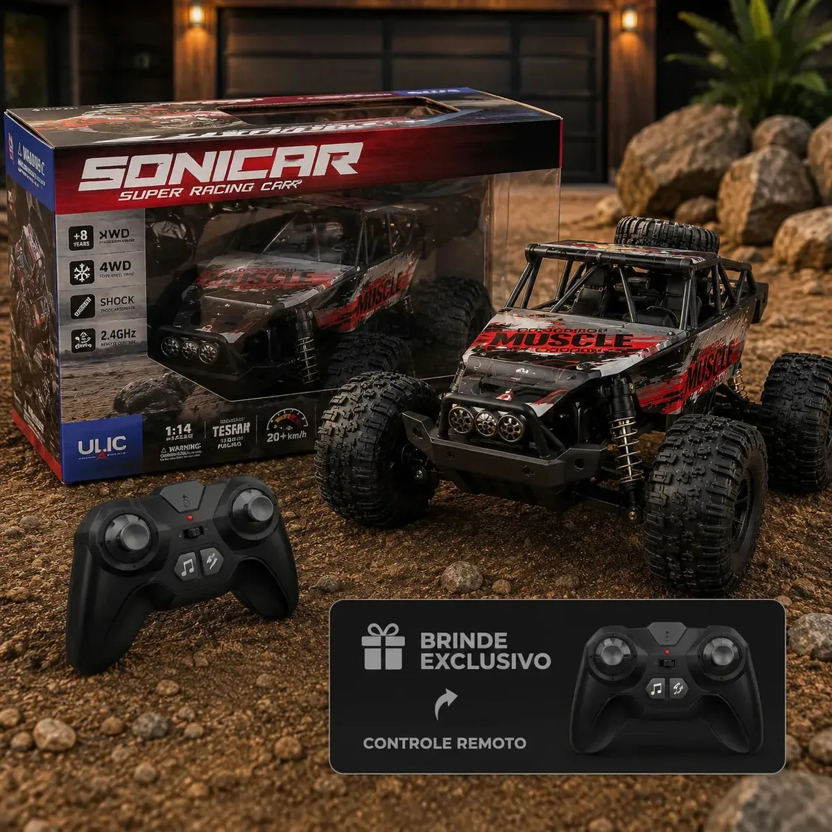 Carrinho Controle Remoto 4x4 Conqueror Muscle 1:12 Buggy Off Road Bateria Vermelho Ligeiro