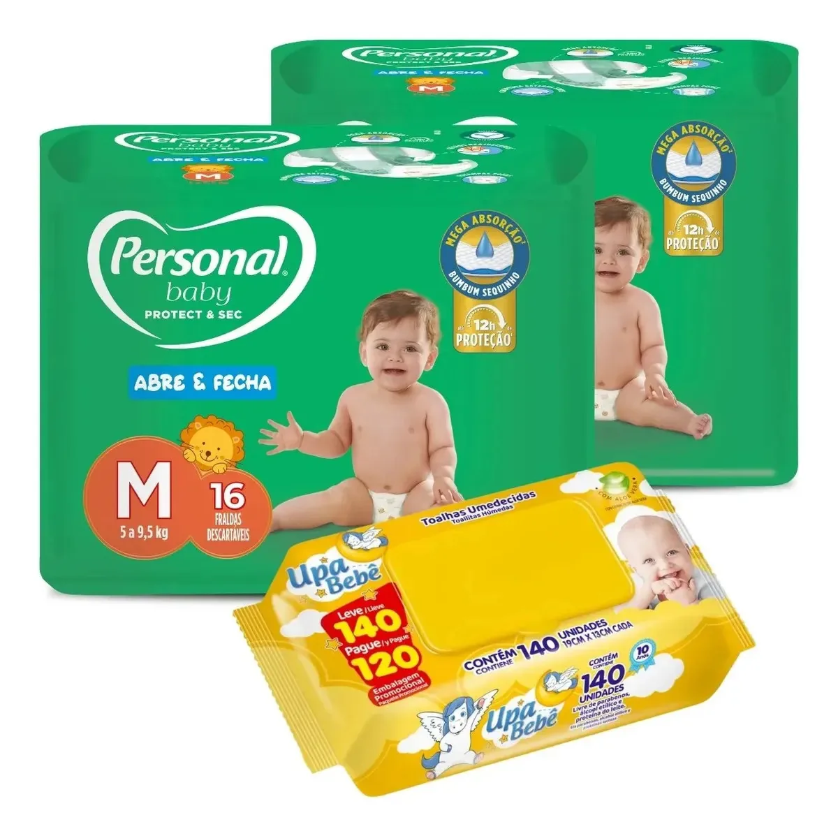 Kit 2 Fraldas Personal Baby + Lencinhos Umedecidos Upa Bebê M - 5 Até 9,5 Kg