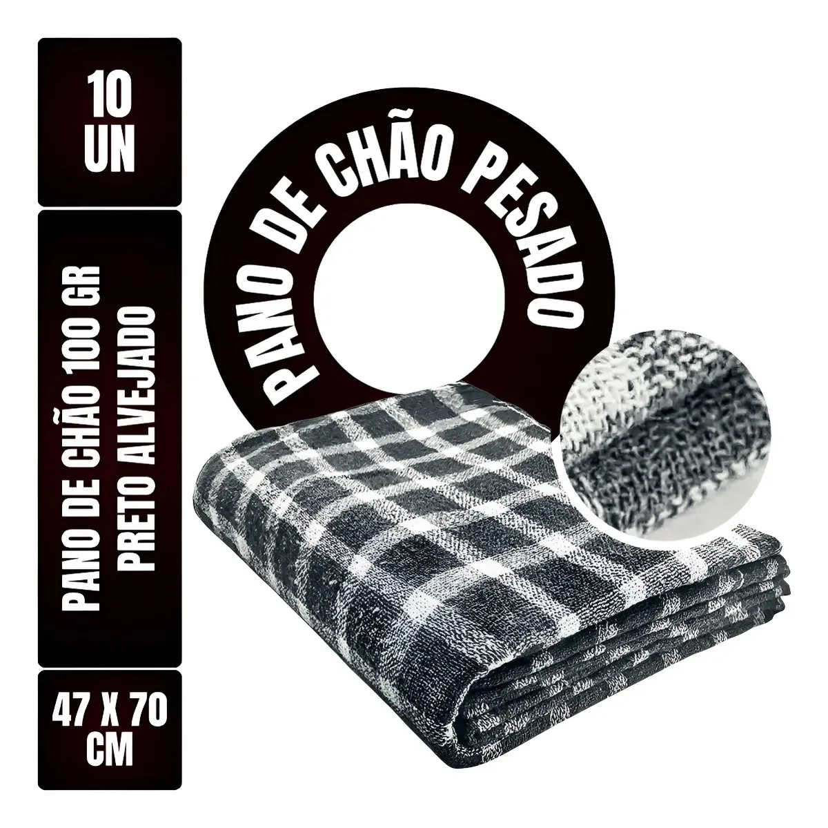 Kit Pano de Chão Xadrez Preto 10 Unidades para Limpeza Pesada e Automotiva Superabsorvente