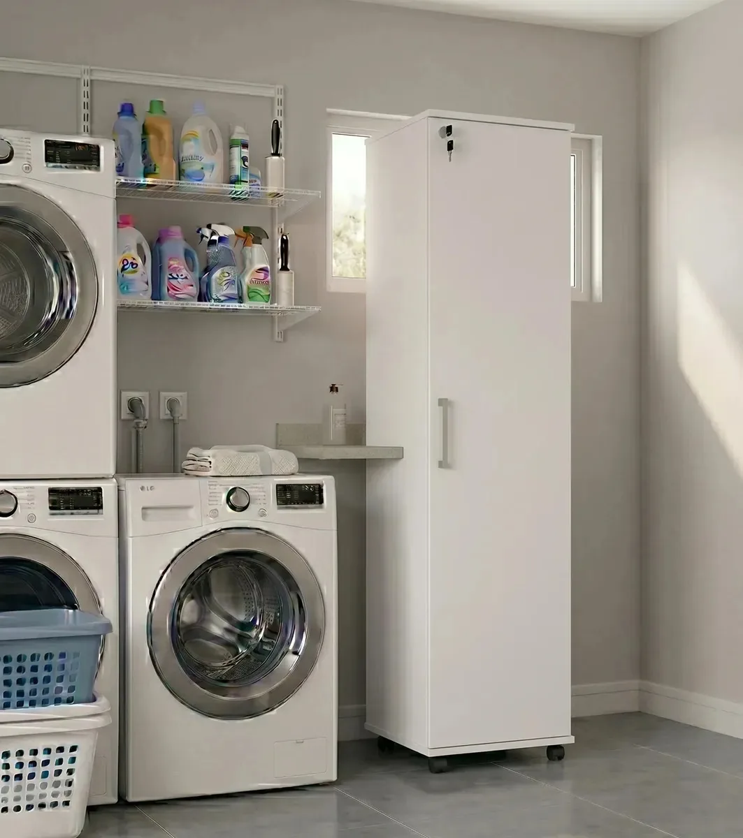 Armário Multiuso Para Lavanderia 1 Porta Com Chave E Rodízio Branco