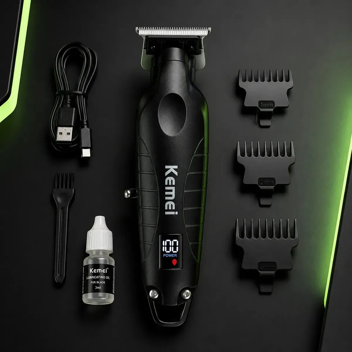 Máquina Profissional Acabamento Cortar Cabelo Barba Barbeador Aparador Corte Recarregável Visor de Led Digital Preto Sem Fio Bivolt Maquina Km Máquininha Usb Barbeiro 3 Pentes 5w Kemei 2293