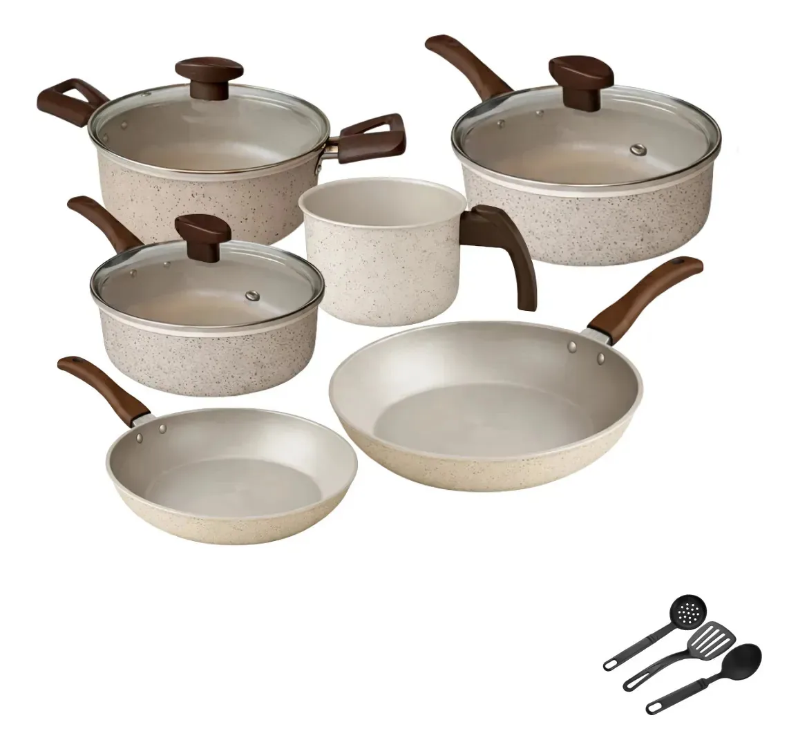 Conj Panelas Antiaderente Teflon Jogo 9 Pcs - Espatulas Creme