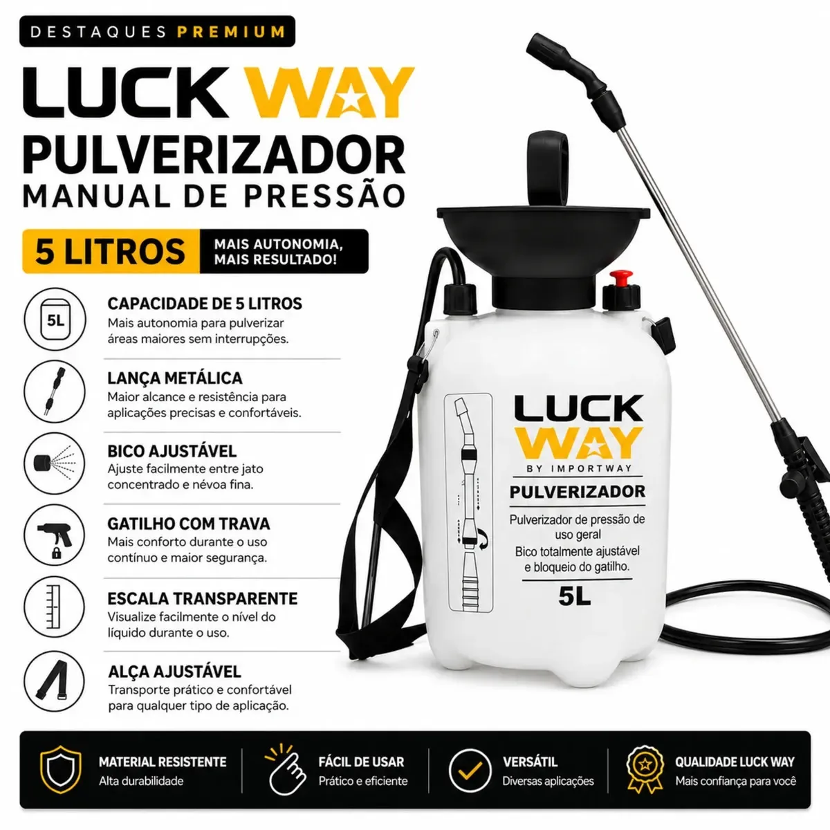 Pulverizador Manual de Pressão 5 Litros Bico Regulável Lança Metálica Jardim Horta Agricultura Limpeza Controle de Pragas Fertilizizantes Luck Way