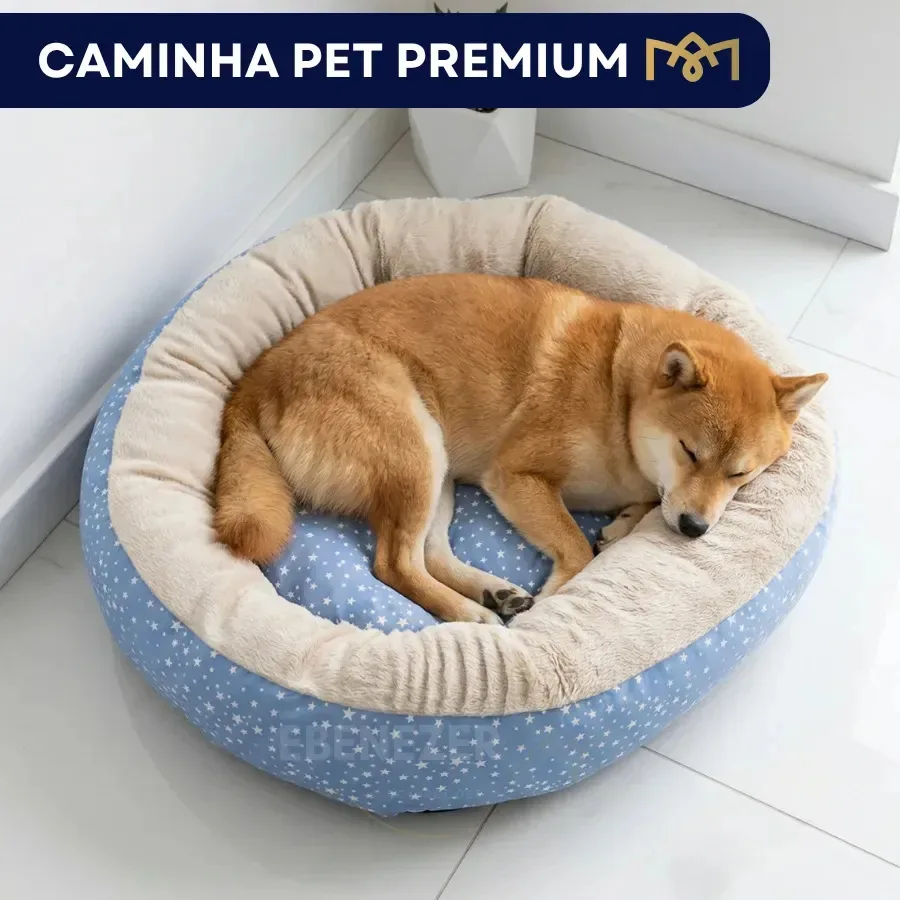 Cama Pet Redonda 65cm Toque Macio Confortável Bordas Acolchoadas Enchimento Fibra Siliconada Premium Pet Médio Estrelinhas Cor Azul